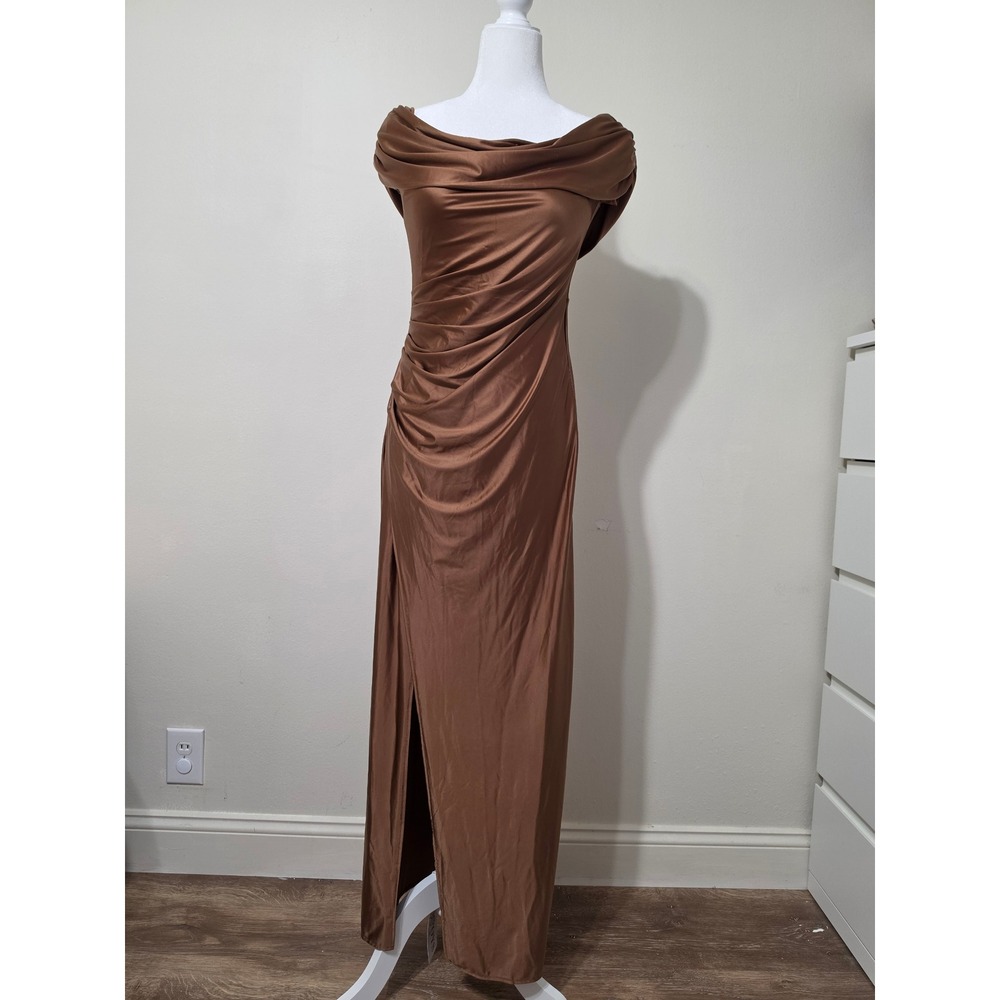 OYS Bronze Brown Off The Shoulder Ruched Maxi Dress Side Slit Size M NWT